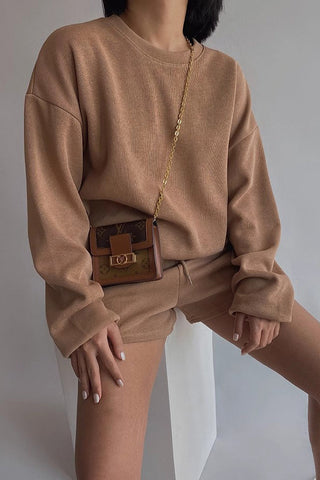 Solid Long Sleeve Sweater Sweatshirt and Drawstring Waist Short Two Piece Set