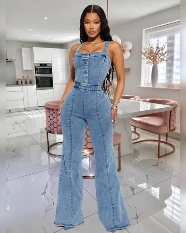 Vitamin Sea Pocketed Denim Cutout Jumpsuit - Denim