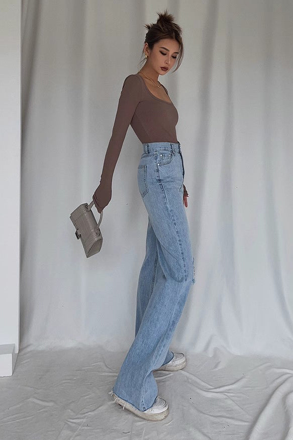 Ripped Pocket Side Straight Leg Jeans