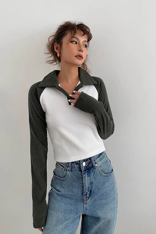 Contrast Lapel Neck Sweatshirt Tops Shirt