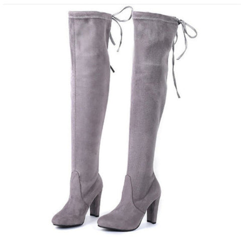 Lace Back Over The Knee Block Heeled Boots