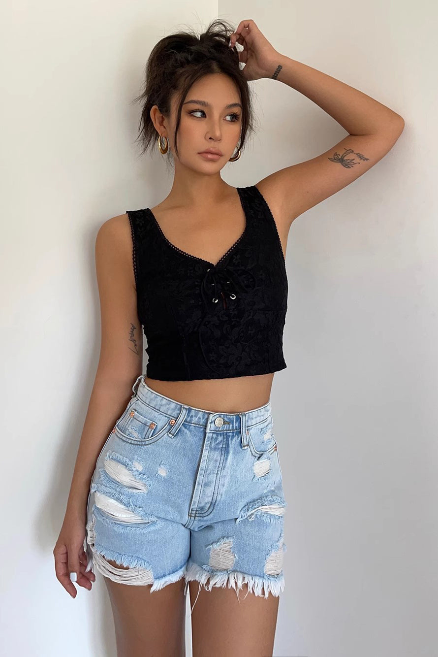 Sleeveless Embroidery Lace Up Front Crop Tank Top