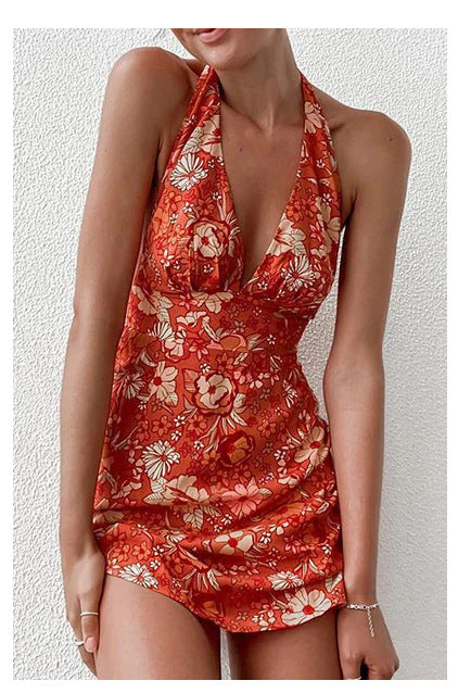 V-Neck Sleeveless Floral Print Suspender Dress