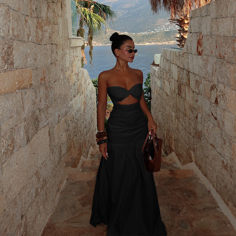 Beach style holiday tube top hollow dress