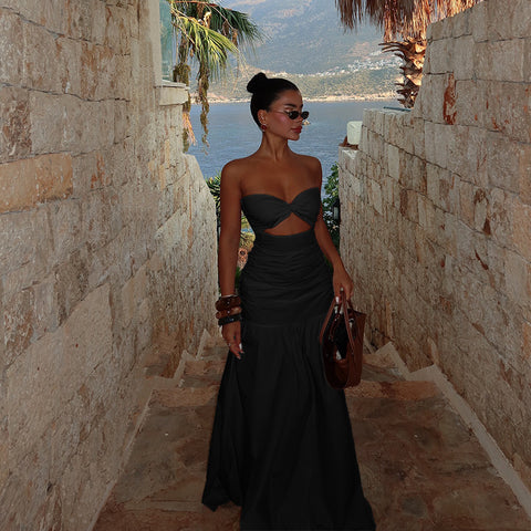 Beach style holiday tube top hollow dress