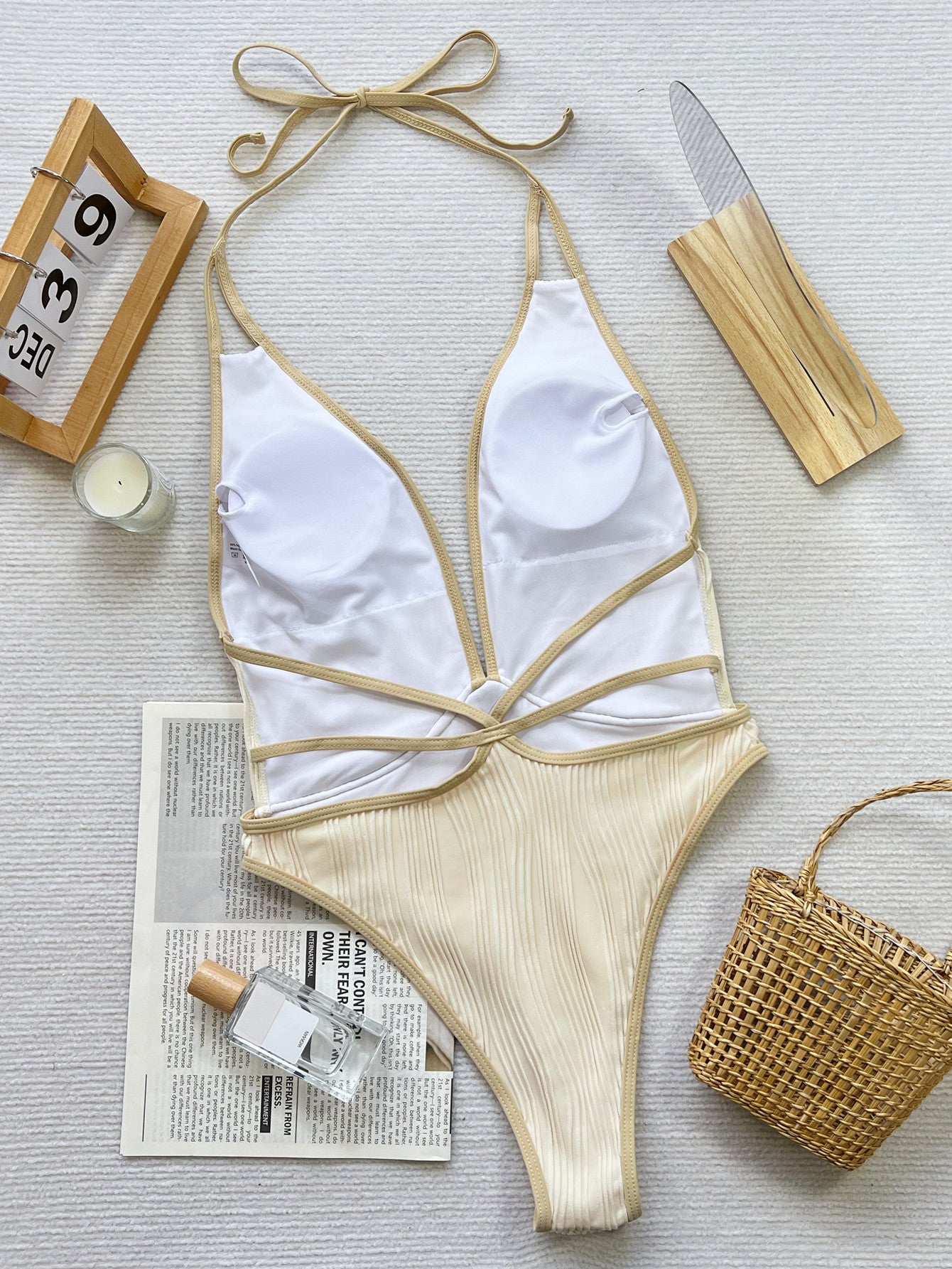 Yacht Colorblock Halter One Piece - Beige White