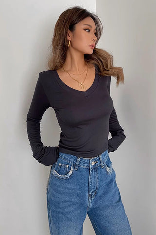 Long Sleeve Wrap V Neck Ribbed Tank Tops Fitted Basic Shirt