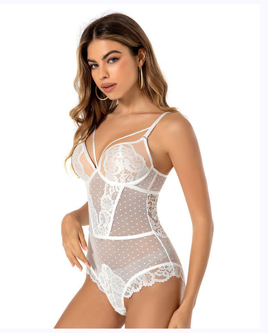 Schwarzes Teddy-Dessous mit hohem Beinausschnitt und Spitze