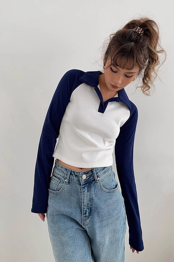 Contrast Lapel Neck Sweatshirt Tops Shirt