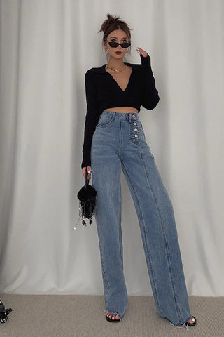 High Waist Buckle Detail Straight Leg Jeans