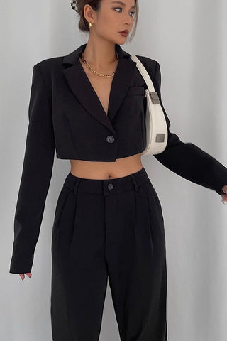 Single Button Lapel Neck Crop Blazer