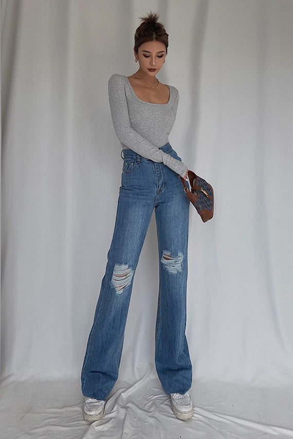 Ripped Pocket Side Straight Leg Jeans