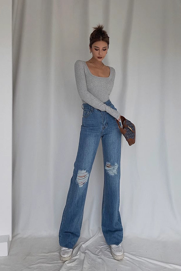 Ripped Slant Pocket Straight Leg Jeans