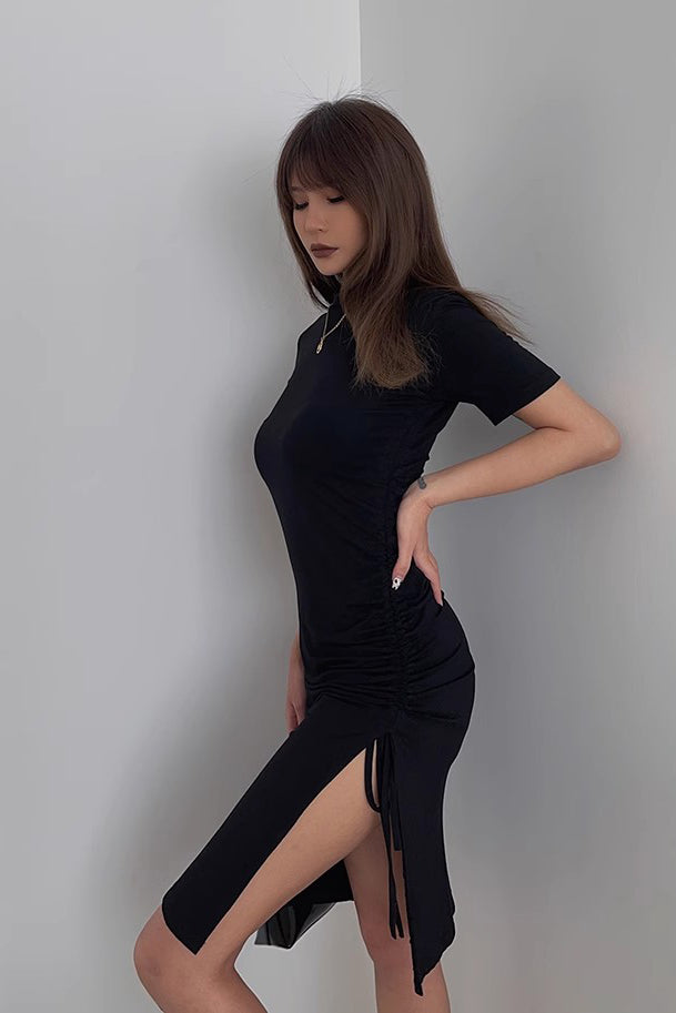 Solid Short Sleeve Drawstring Side Split Dress