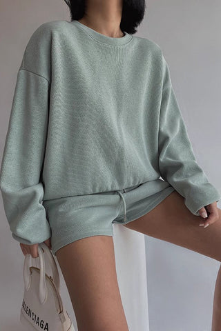 Solid Long Sleeve Sweater Sweatshirt and Drawstring Waist Short Two Piece Set