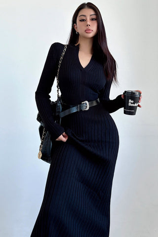 V-Neck Long Sleeve Knit Sweater Dress