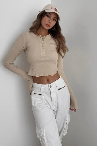 Geripptes Langarm-Crop-Top-Shirt