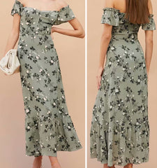 Vintage Ditsy-floral Square Collar Maxi Dress