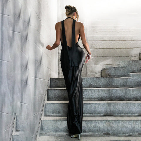 Deep V collar halter neck backless satin ribbon dress