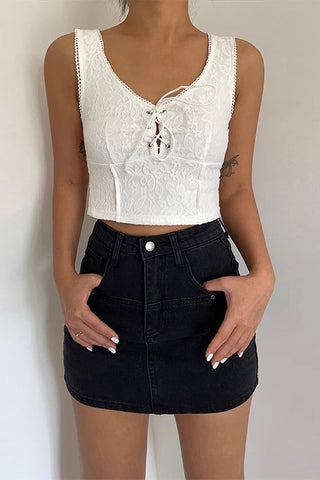 Sleeveless Embroidery Lace Up Front Crop Tank Top