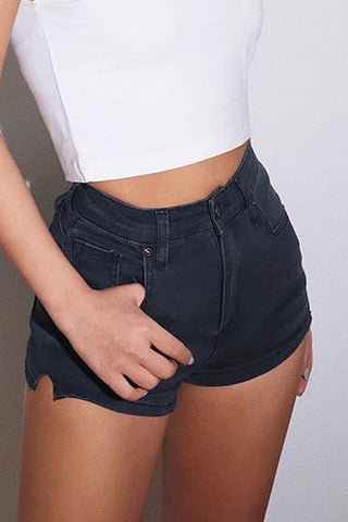 Short en jean taille haute à poches obliques