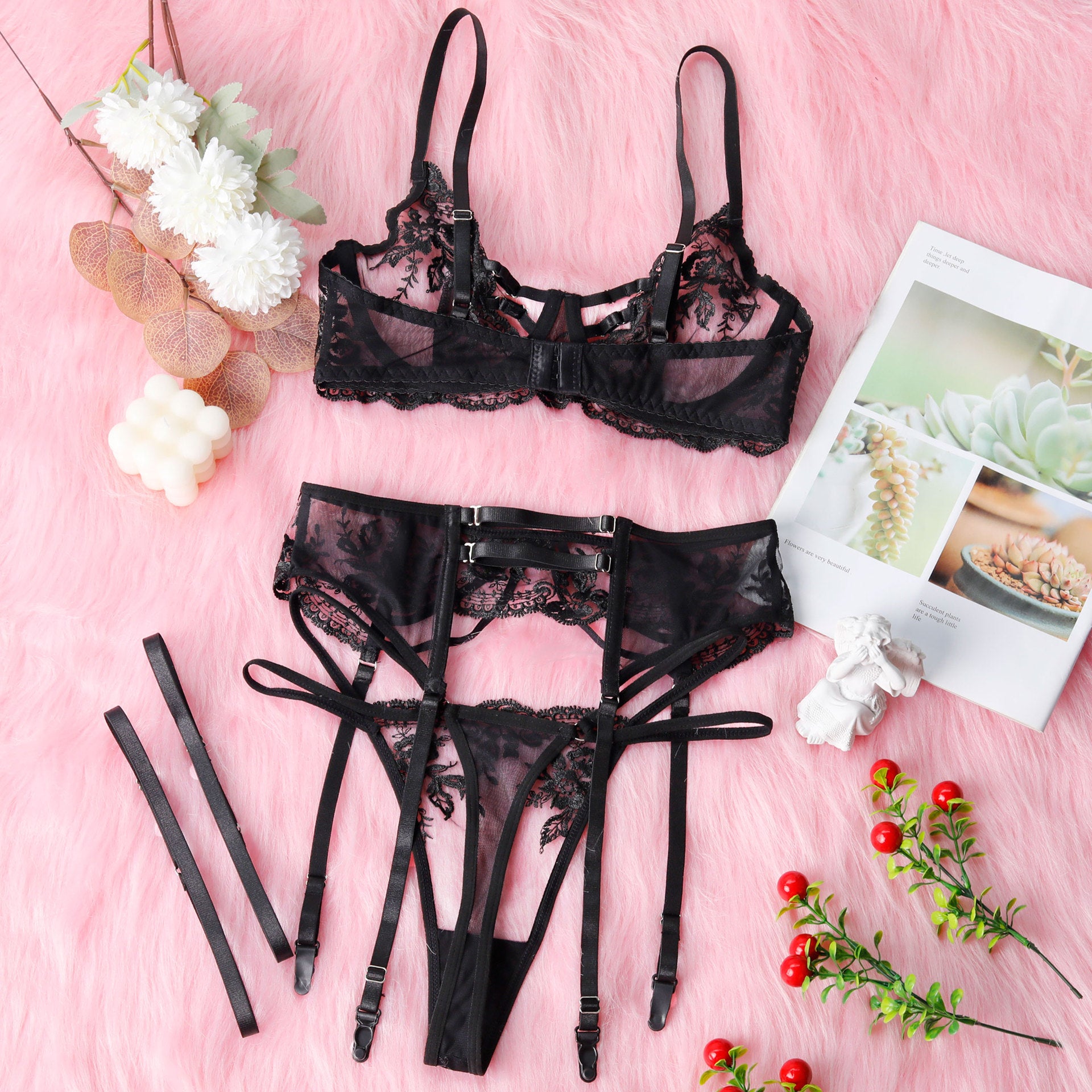 Heart Embroidered Mesh Strappy 3pcs Lingerie Set