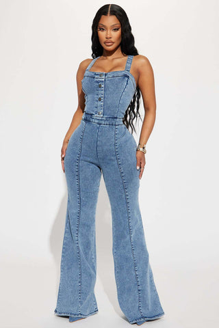 Vitamin Sea Pocketed Denim Cutout Jumpsuit - Denim