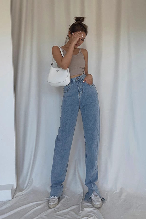 Nature High Waist Buckle Detail Straight Leg Jeans