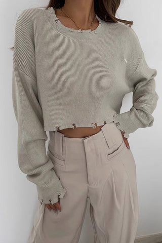 Ripped Rib-knit Raw Trim Sweater Tops