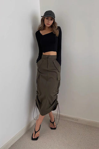 Drawstring Waist Slant Pocket Skirt