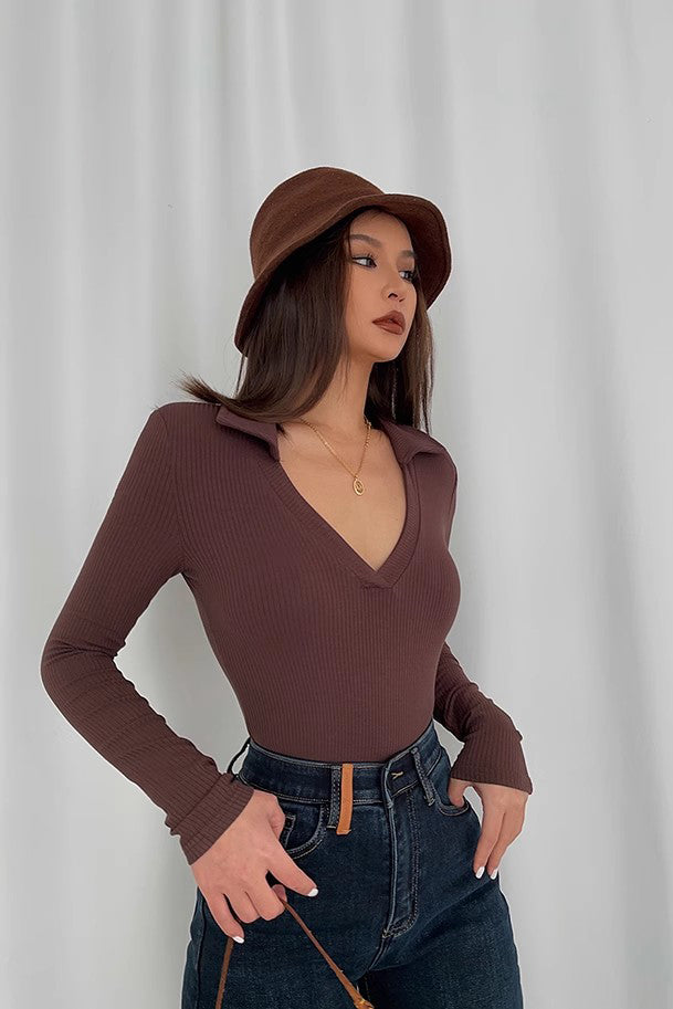 V Neck Ribbed Long Sleeve Shirt Tops