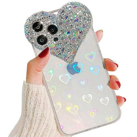 3D Love Heart Transparent Lens Camera Glitter Diamond Soft Phone Case For Iphone Cover Clear For Iphone 11 12 13 14 15