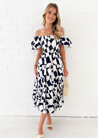 Smocked Print Off The Shoulder Midi Dress