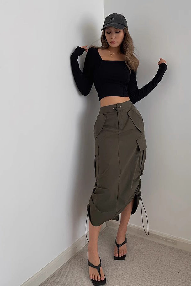 Drawstring Waist Slant Pocket Skirt