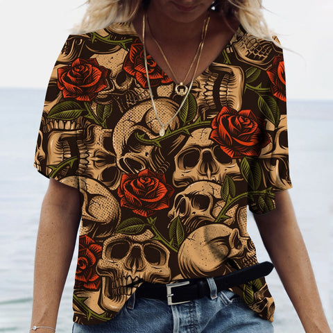 V-neck Skull Print Short-sleeved T-shirt