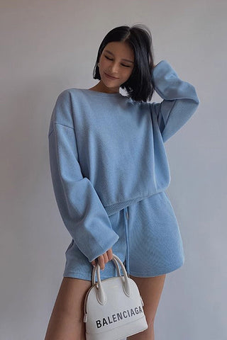 Solid Long Sleeve Sweater Sweatshirt and Drawstring Waist Short Two Piece Set