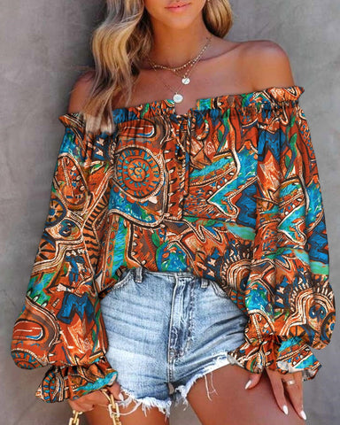 Taj Printed Shimmer Cold Shoulder Blouse