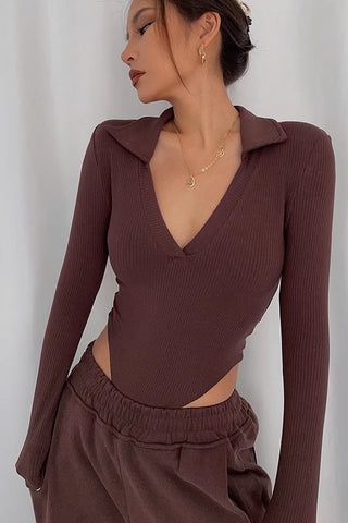 Long Sleeve Warp V Neck Fitted Jumpsuit