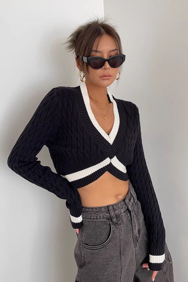 Contrast Cable Knit Crop Sweater