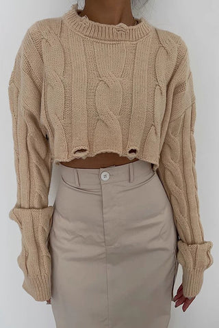 Ripped Crew Neck Cable Knit Crop Sweater