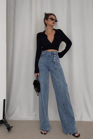 High Waist Buckle Detail Straight Leg Jeans