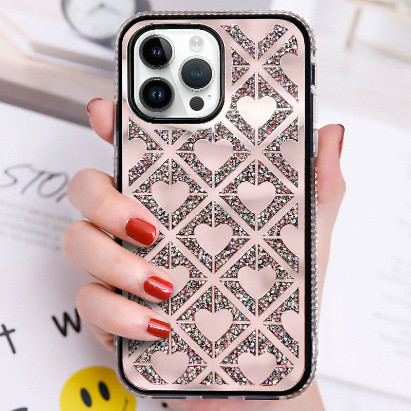Compatible With Iphone Case Cute Heart Case Glitter Sparkle Love Shaped Cover For Girls Girly Luxury Stylish Heart-Shaped Rhinestone Shockproof Phone Cover