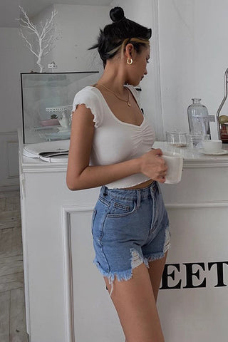 Ripped Pocket Side Denim Shorts