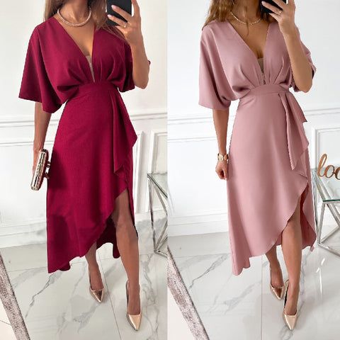 Solid Split Joint O Neck Irregular Dresses