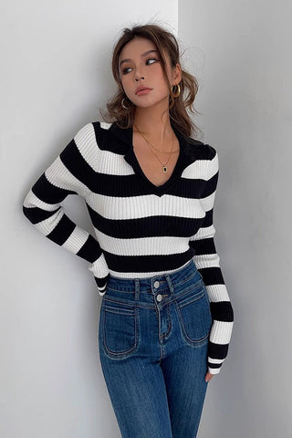 Striped Print Long Sleeve Rib-knit Sweater