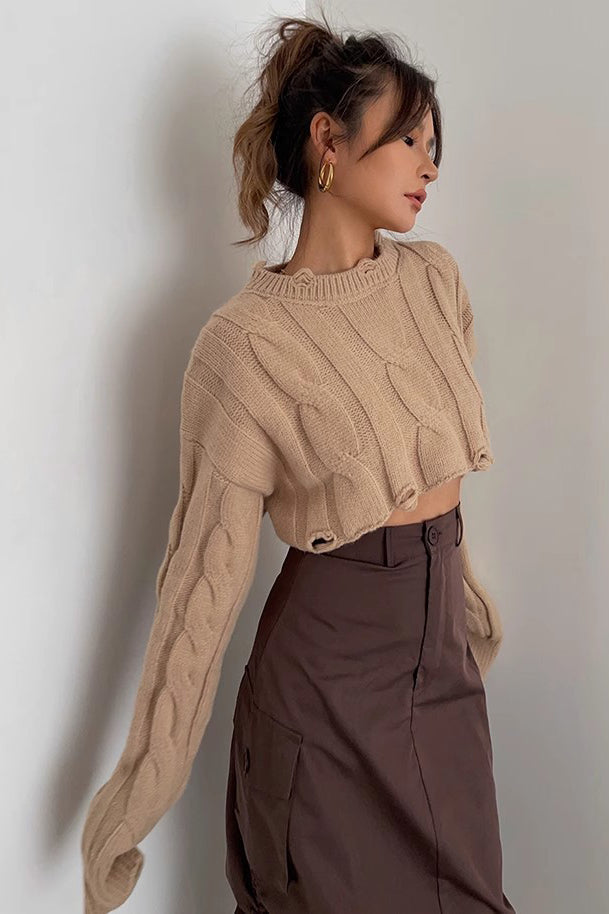 Ripped Crew Neck Cable Knit Crop Sweater