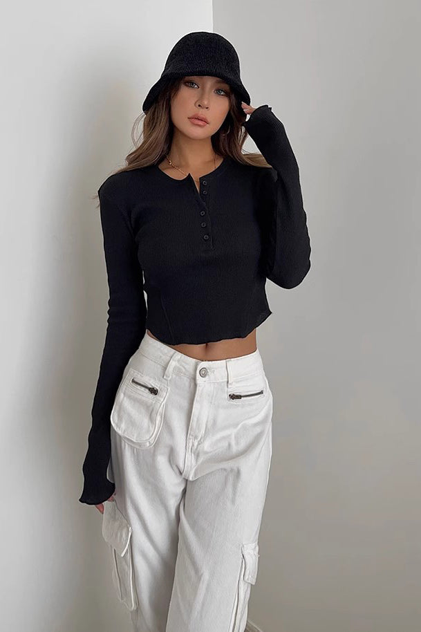 Geripptes Langarm-Crop-Top-Shirt