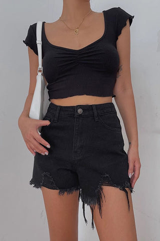 Ripped Pocket Side Denim Shorts