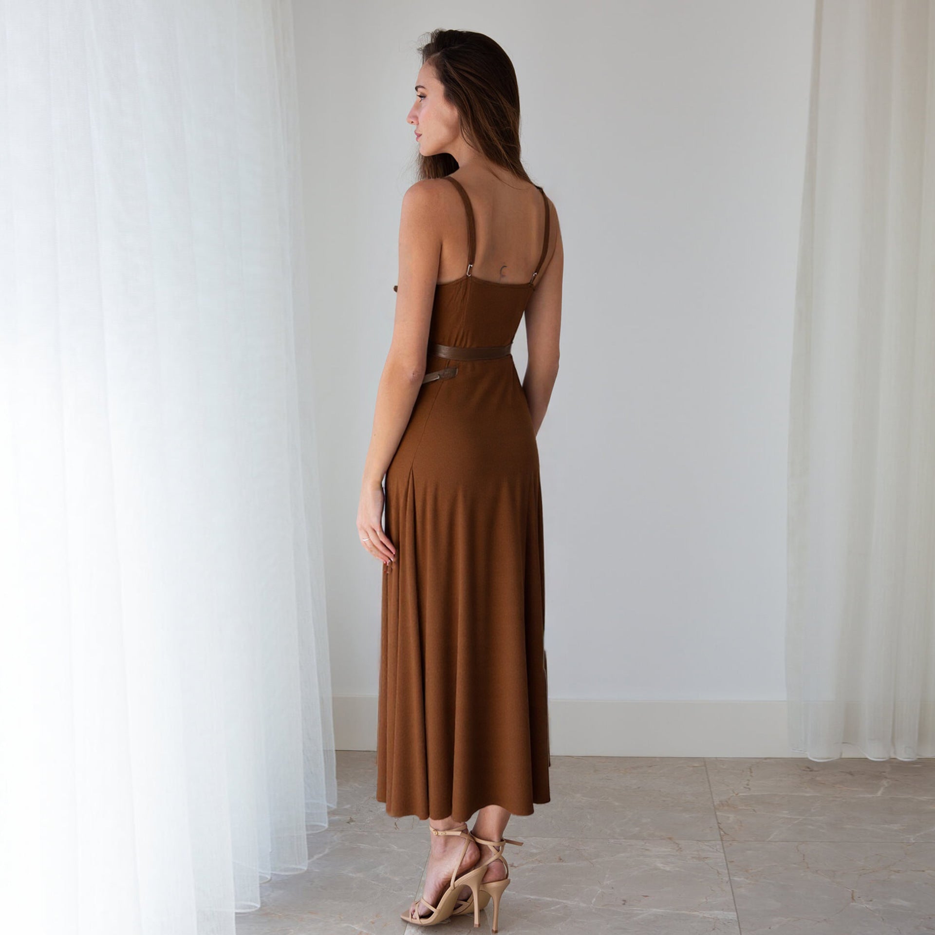 Retro Maillard Belt Halter Dress