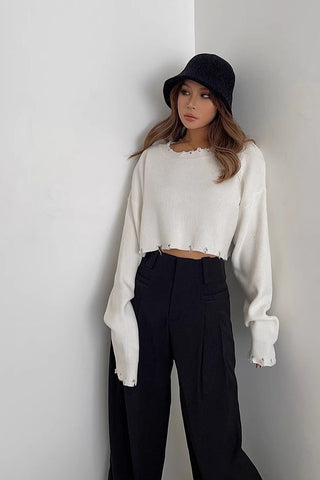 Ripped Rib-knit Raw Trim Sweater Tops